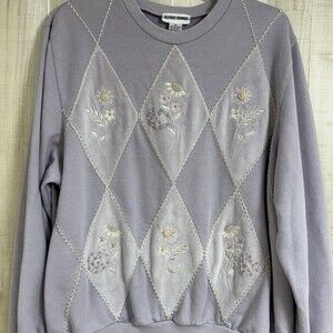 Vtg Alfred Dunner Lavender Granny Embroidered Floral Argyle Velour Cottagecore